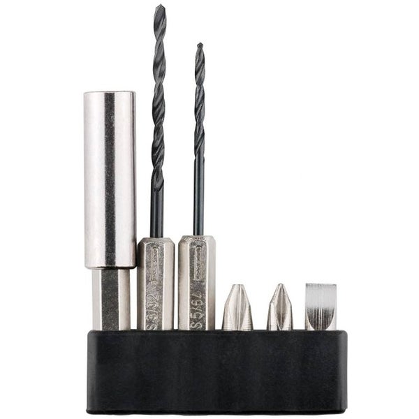 Bohrer- und Bit-Set im schwarzen Halter, inklusive Spiralbohrern, Kreuzschlitz-Bits und einem Schlitz-Bit.