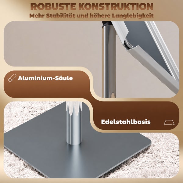 Detailansicht eines Infoständers mit Aluminium Säule und stabiler Edelstahlbasis für hohe Langlebigkeit.