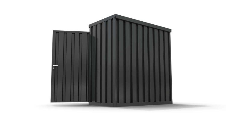 Lagercontainer Gerätehaus S  – 4 qm, H2150 x B2100 x T2170 mm, Außenwandlackierung anthrazit, Dach außen verzinkt, mit Holzfußboden, 1270 mm Einflügeltür mittig in Breitseite, montiert