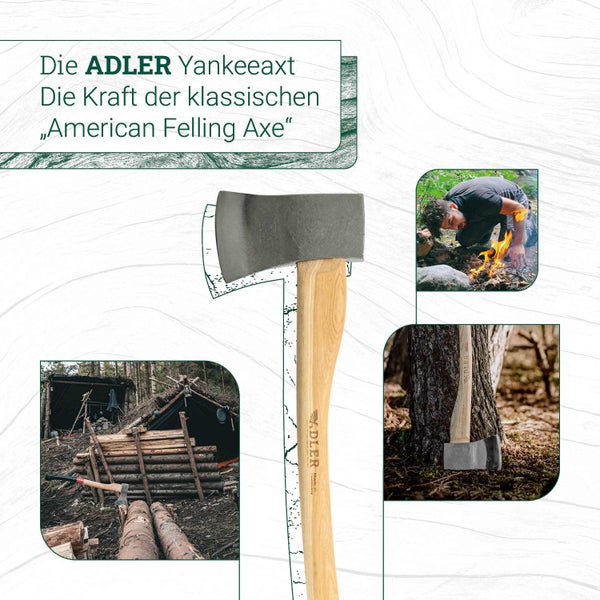 ADLER Yankee Axt mit Holzstiel, klassische American Felling Axe für Forstarbeiten, in Anwendungsszenen im Wald gezeigt.