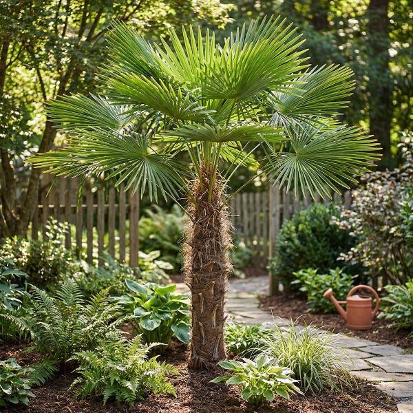 Hanfpalme mit faserigem Stamm und fächerförmigen Blättern in einem üppigen Garten mit Farnen, Hostas und einem Holzzaun.