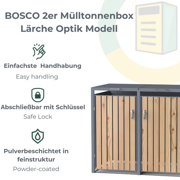 My Mülltonne BOSCO Mülltonnenbox-Lärche Optik, 2er Modell, anthrazit RAL 7016, 132 x 80 x 116cm mit Klappdach inkl. Gasdruckdämpfer und SoftClose