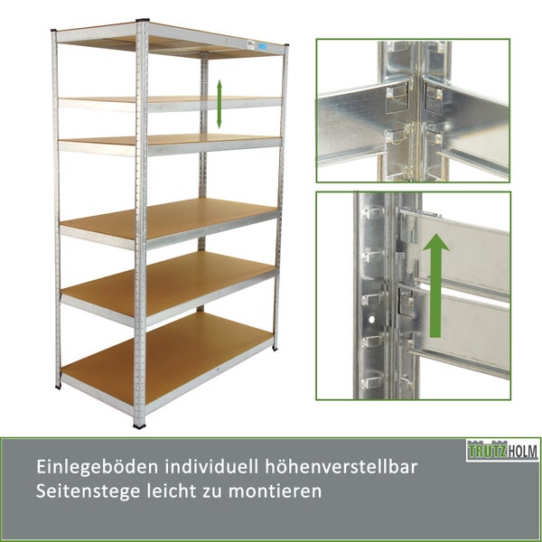 Metall Steckregal von Trutzholm mit verstellbaren Fachböden und Details zum Stecksystem für eine einfache Montage.