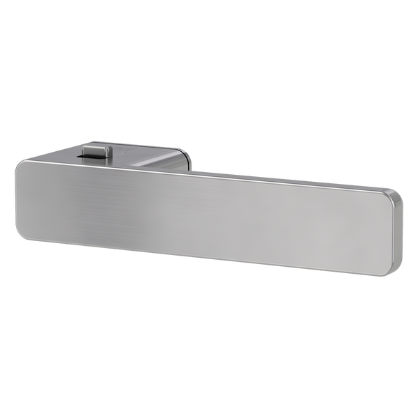 Moderner Türdrücker aus gebürstetem Metall in rechteckigem Design mit integriertem Verriegelungsknopf auf der Oberseite.