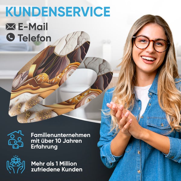 Kundenservice Informationen für Toilettensitz mit modernem Muster und lächelnde Frau im Hintergrund