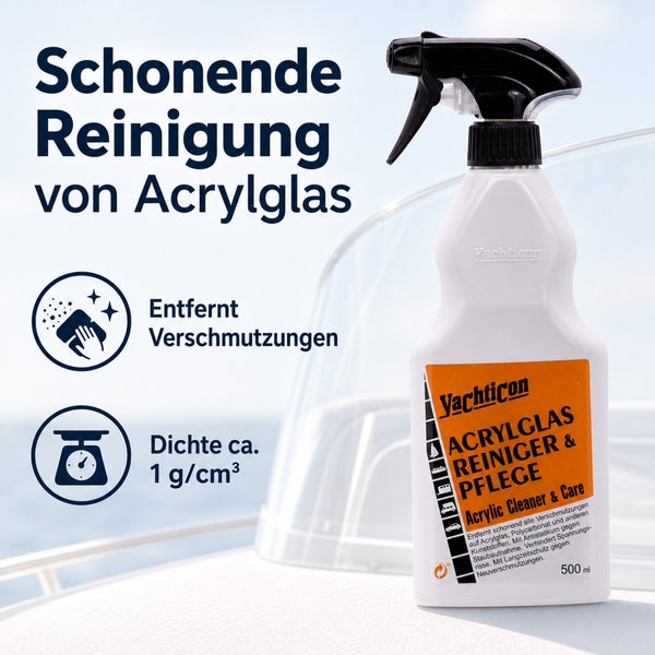 Yachticon Acrylglas Reiniger und Pflege Sprühflasche 500 Milliliter für die schonende Reinigung von Kunststoffen.