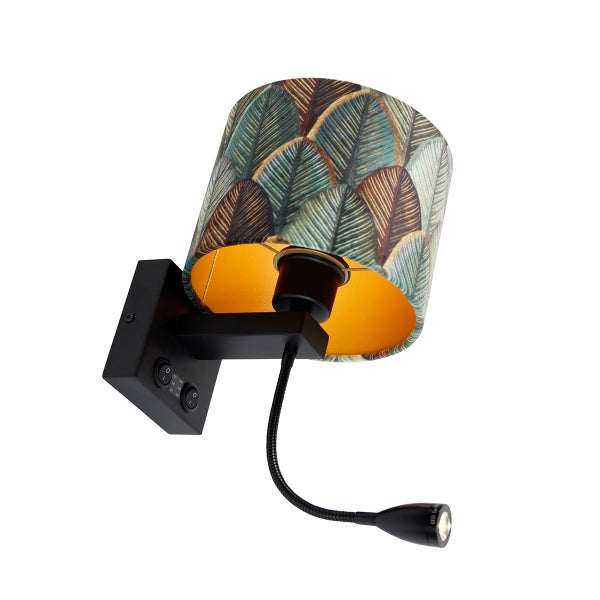 Wandleuchte mit Stoffschirm im Blätterdesign, goldfarbener Innenseite, schwarzer Halterung und flexiblem Lesearm mit zwei Schaltern.