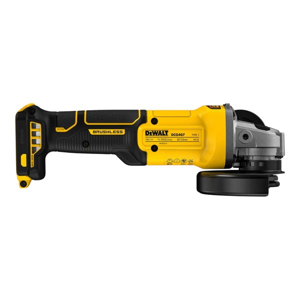 DeWalt Akku Winkelschleifer DCG407 mit 18 Volt und 125 Millimeter Scheibendurchmesser für professionelle Trenn und Schleifarbeiten.