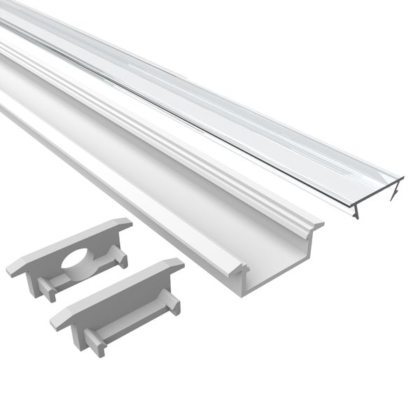 TIVENDIS Led Alu Profil 2 m EF2 weiß Komplett Set für Strip / Streifen bis 12 mm breit | Abdeckung transp. , Endkappen |  Einbau Fußleisten Flachprofil pulverbeschichtet
