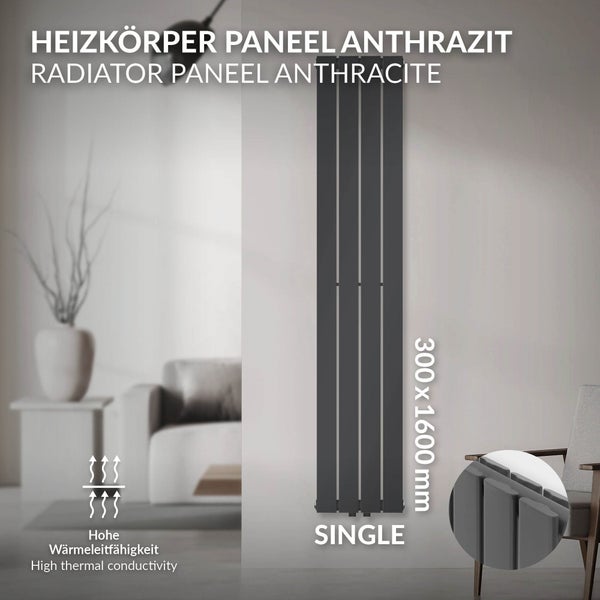 LuxeBath Paneelheizkörper Doppellagig 1600x300 mm Anthrazit Design Badheizkörper Mittelanschluss Bad/Wohnraum Heizung Designheizkörper Flach Heizkörper Flachheizkörper Vertikal Röhren mit Montage-Set