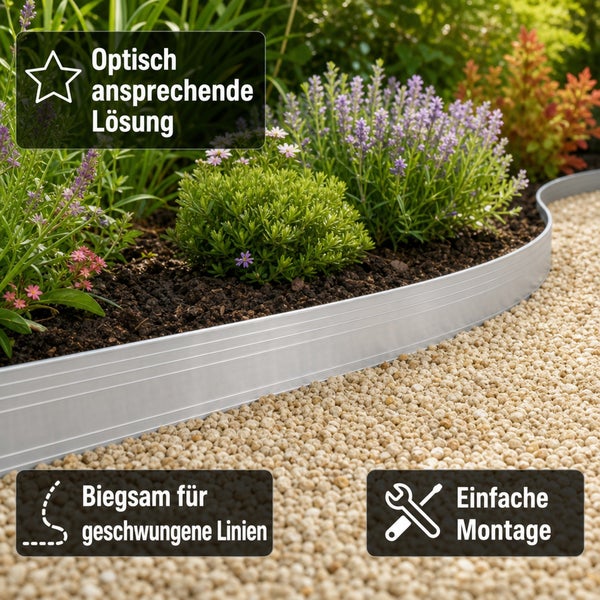 Flexible Rasenkantenbegrenzung aus Metall für eine optisch ansprechende Gartengestaltung mit einfacher Montage für geschwungene Linien.