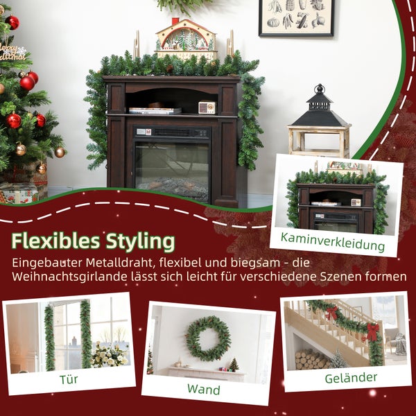 Künstliche Weihnachtsgirlande mit Metalldraht, flexibel einsetzbar an Kamin, Tür, Wand oder Geländer für weihnachtliche Dekoration.