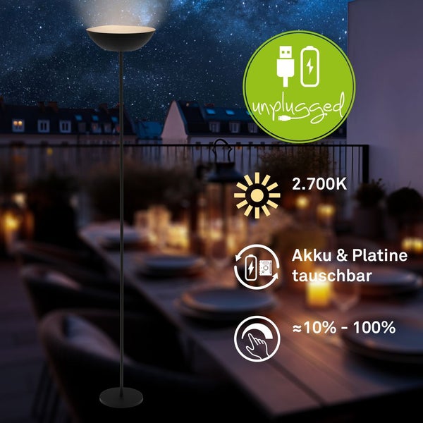 Briloner Estate LED Stehlampe kabellos, Dimmbar, Touch, USB-C Aufladung, Kabellos, Schwarz, 170 x Ø25 cm