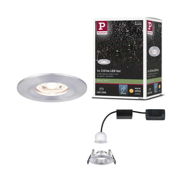 Paulmann LED-Einbaustrahler Nova mini Set aus Aluminium, IP44, 4 Watt, 310 Lumen, warmweiß, inklusive Leuchte, LED-Modul und Verpackung.