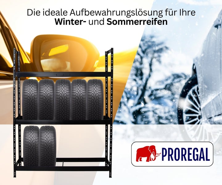 Reifenregal aus Metall mit zwei Ebenen zur Lagerung von Winterreifen und Sommerreifen. Proregal Logo.