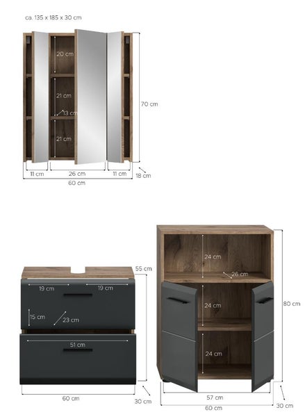 Modernes Badezimmer mit weißem Aufsatzwaschbecken auf dunkelgrauem Unterschrank in Holzoptik, Spiegelschrank und passendem Beistellschrank.