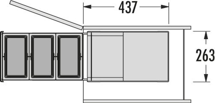 Technische Zeichnung eines Abfalltrennsystems mit Maßangaben 437 und 263