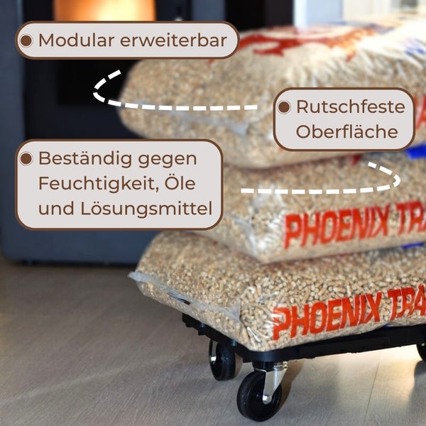 Sackware Holzpellets auf Rollwagen