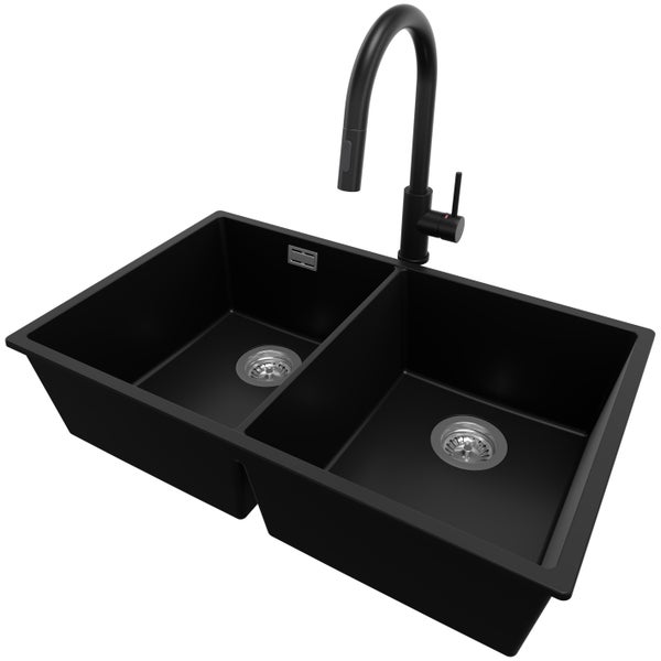 PRIMAGRAN Granitspüle Schwarz 76x47cm, Spülbecken 2 Becken + Küchenarmatur 40x20cm + Ablauf-Set, Küchenspüle ab 80er Unterschrank - London Slim Twin
