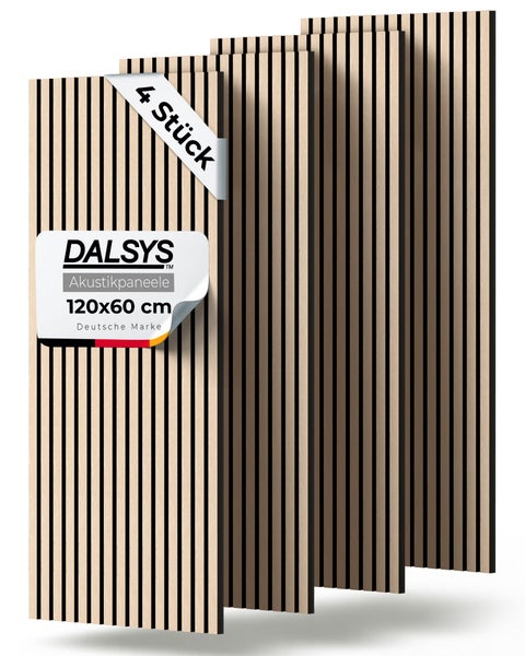 DALSYS Akustikpaneele im 4er-Pack, 120 mal 60 Zentimeter, Holzlamellen-Optik für Wandverkleidung und Schalldämmung.