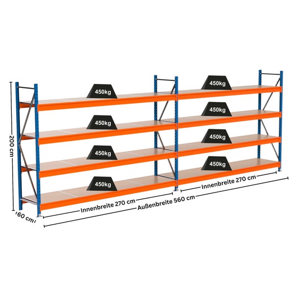 Lagerregal mit vier Ebenen, Abmessungen sind dargestellt