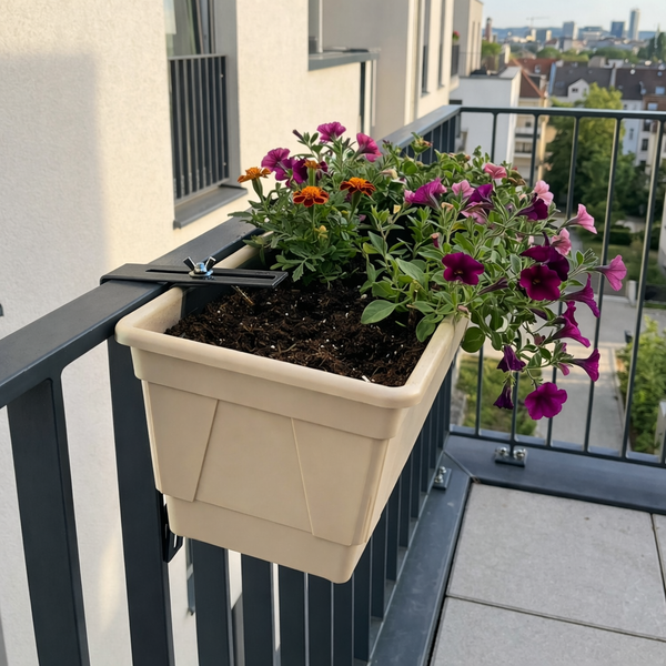 Beigefarbener Balkonkasten aus Kunststoff mit schwarzer Metallhalterung am Balkongeländer, bepflanzt mit Blumen.