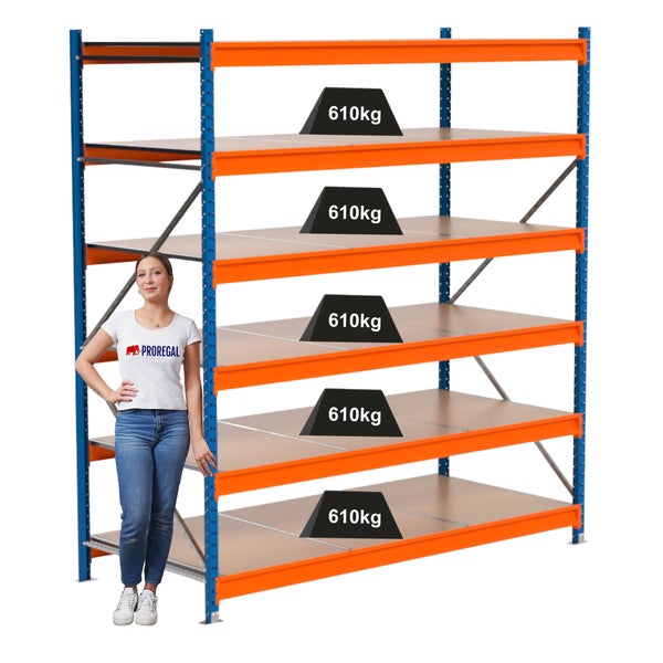 Lagerregal mit fünf Ebenen und einer Traglast von 610 kg pro Ebene