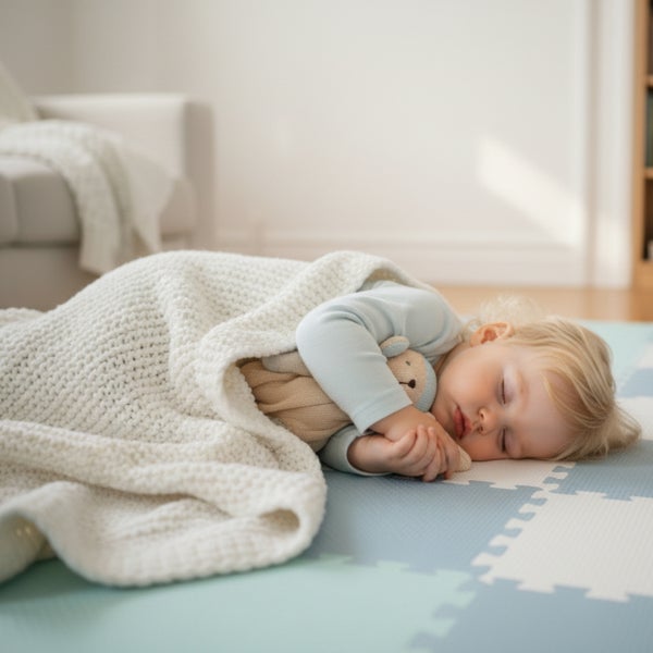 Ein Kleinkind schläft auf einer Puzzle Spielmatte unter einer Strickdecke und hält ein Stofftier in einem hellen Kinderzimmer.