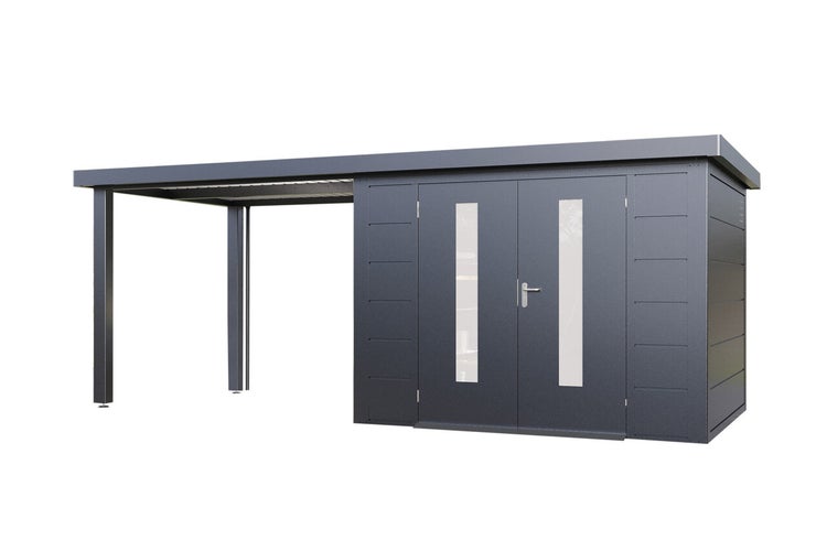 Metall Gerätehaus mit integriertem Carport und Doppeltür mit Glaseinsätzen