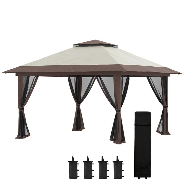 Outsunny Faltpavillon 4 x 4 m, Pavillon mit 4 Moskitonetz, Höhenverstellbares Pop-Up-Zelt UV-Schutz 50+, Partyzelt mit Doppeldach, Tragetasche, für Balkon, Campingplatz, Oxford-Polyester Beige