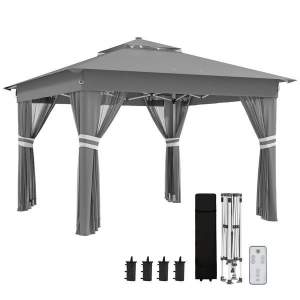 Outsunny Faltpavillon ca. 3 x 3 m, Pavillon mit LED, 4 Netzvorhängen, Seitenwand, Gartenpavillon mit Wassersack, Doppeldach, Tragetasche, für Balkon, Terrasse, Dunkelgrau