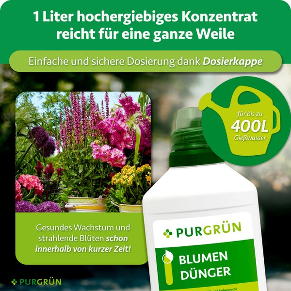 Eine Flasche Purgrün Blumendünger Konzentrat mit einer Dosierkappe, die für bis zu 400 Liter Gießwasser reicht.