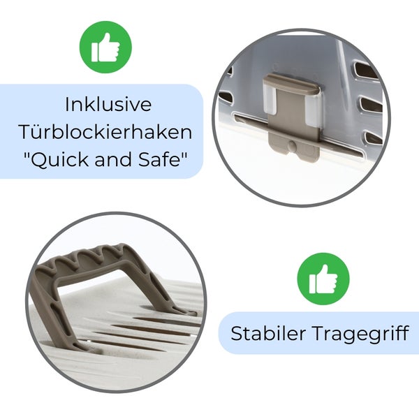 Inklusive Türblockierhaken und stabiler Tragegriff