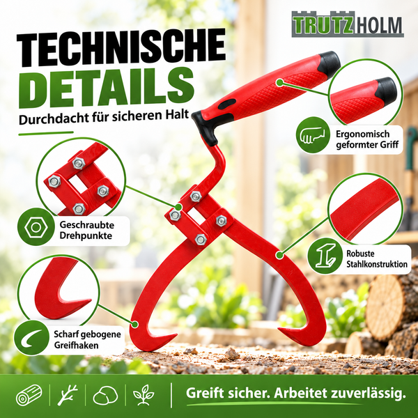Trutzholm Holzgreifer mit ergonomischem Griff und scharfen Greifhaken für sicheren Halt bei der Arbeit.