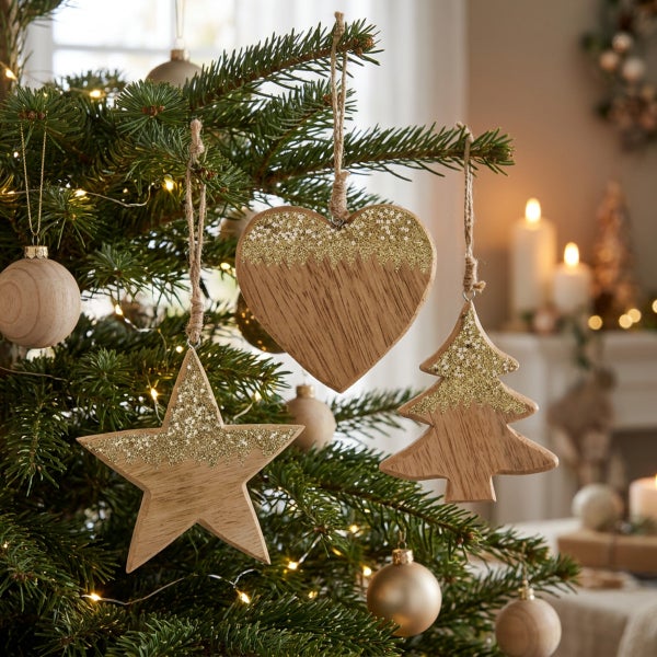 Set aus Holzweihnachtsanhängern in Stern-, Herz- und Tannenbaumform mit Glitzer an einem Tannenbaum.