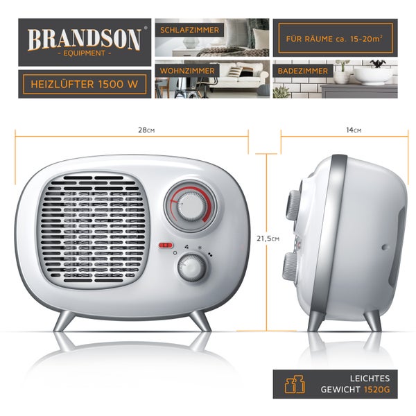 Brandson Keramik Heizlüfter 1500W im Retrodesign, Überhitzungsschutz, Thermosicherung, Umkippschutz, 2 Leistungsstufen, Weiß/Silber