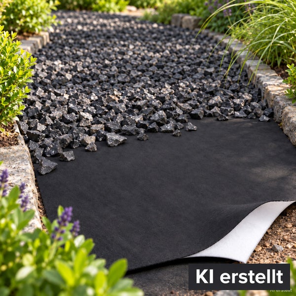 Gartenvlies als Unkrautvlies unter einer Schicht aus Zierkies in einem Gartenweg mit seitlicher Steinumrandung und Bepflanzung.