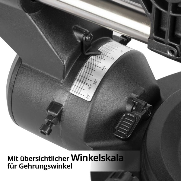Detailansicht einer Gehrungssäge mit gut sichtbarer Winkelskala.