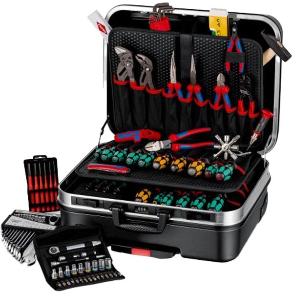 Gefüllter Werkzeugkoffer mit diversen Werkzeugen wie Schraubendrehern, Zangen und Schraubenschlüsseln