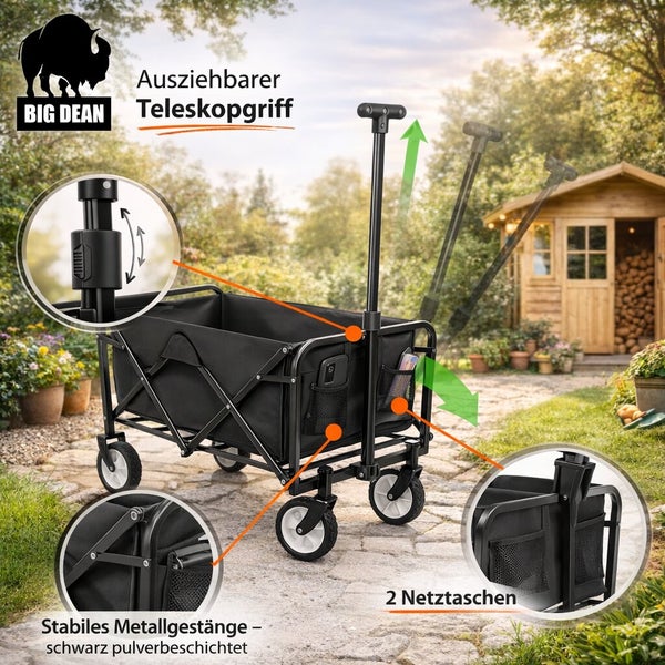 Faltbarer Bollerwagen mit Teleskopgriff, stabilem Metallgestell und zwei Netztaschen im Garten