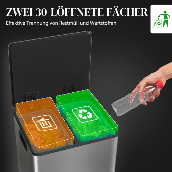 Mülltrennsystem mit zwei Fächern zur Trennung von Restmüll und Wertstoffen. Eine Hand entsorgt eine Kunststoffflasche im Recyclingfach.