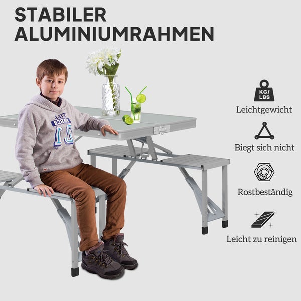 Outsunny Campingtisch Klapptisch mit 4 Stühle Klappbarer Gartentisch aus Aluminium leicht Multifunktionstisch 4 Personen Beistelltisch für Garten Terrasse Balkon 85,5 x 135cm Grau