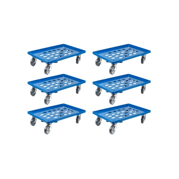 PROREGAL SparSet 6x Transportroller für Euroboxen 60 x 40 cm mit Gummiräder Blau Gitter/Rasterdeck 4 Lenkrollen Traglast 300 kg