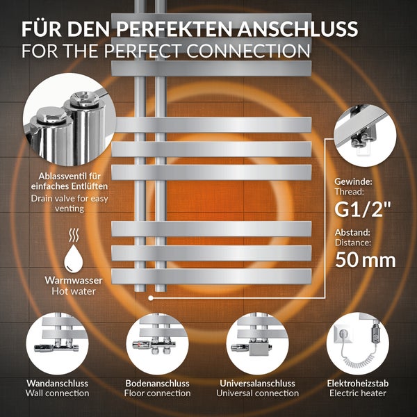 LuxeBath Badheizkörper Iron EM 500x1000 mm Chrom Mittelanschluss Anschlussgarnitur Thermostat Universal Eck- und Durchgangsform, Design Heizkörper Handtuchwärmer Handtuchtrockner Handtuchheizkörper