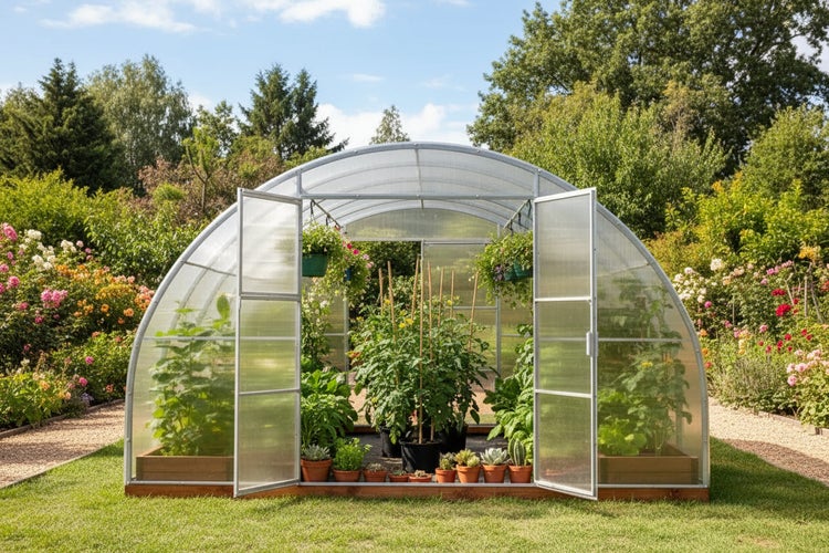 Rundbogengewächshaus mit Polycarbonatplatten und Metallrahmen in einem Garten mit geöffneten Türen und diversen Pflanzen im Inneren.