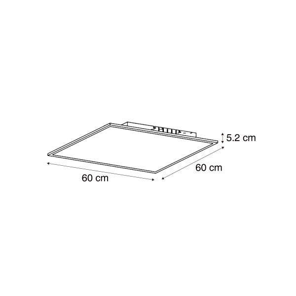 Technische Zeichnung eines quadratischen LED-Panels mit den Maßen 60 mal 60 Zentimeter und einer Höhe von 5,2 Zentimeter.