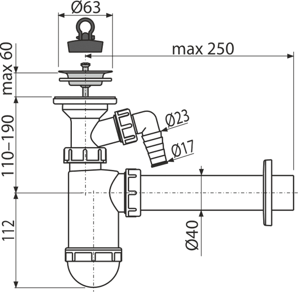Technische Zeichnung eines Waschbecken Siphons mit Maßangaben in Millimeter.