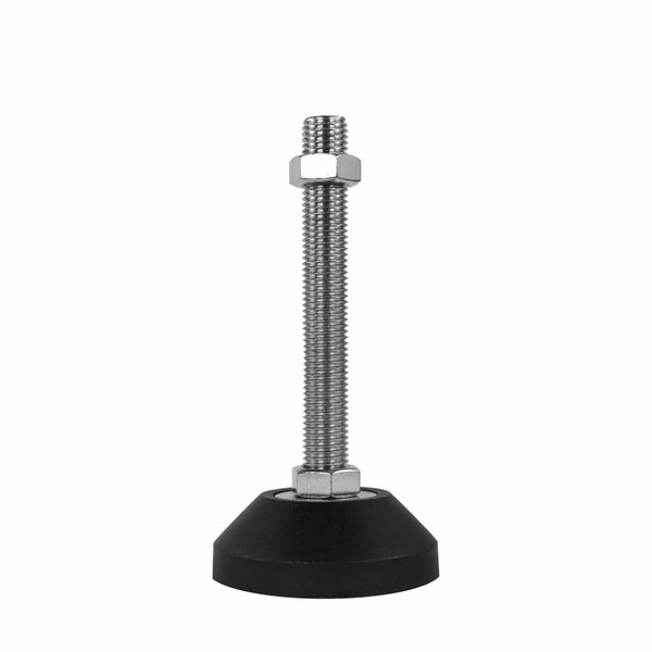 Verstellfuß mit langer Gewindestange, zwei Sechskantmuttern und einem schwarzen Kunststoff-Sockel.