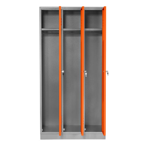 PROREGAL Garderobenschrank Ermine mit 3 Türen | HxBxT 178x89x50cm | Lichtgrau/Orange | Spind, Aufbewahrungsspind, Arbeitsschrank