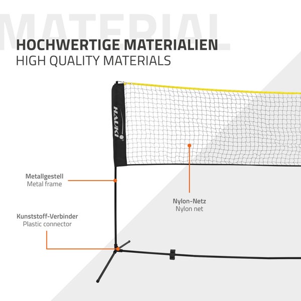 Hauki Badminton Netz, Tennisnetz 500cm, Schwarz, Höhe: 156cm, Federballnetz Set inkl. 3x Federball, Transporttasche, stabilem Eisen-Gestell, Tragbares Volleyballnetz, Trainingsnetz Indoor & Outdoor